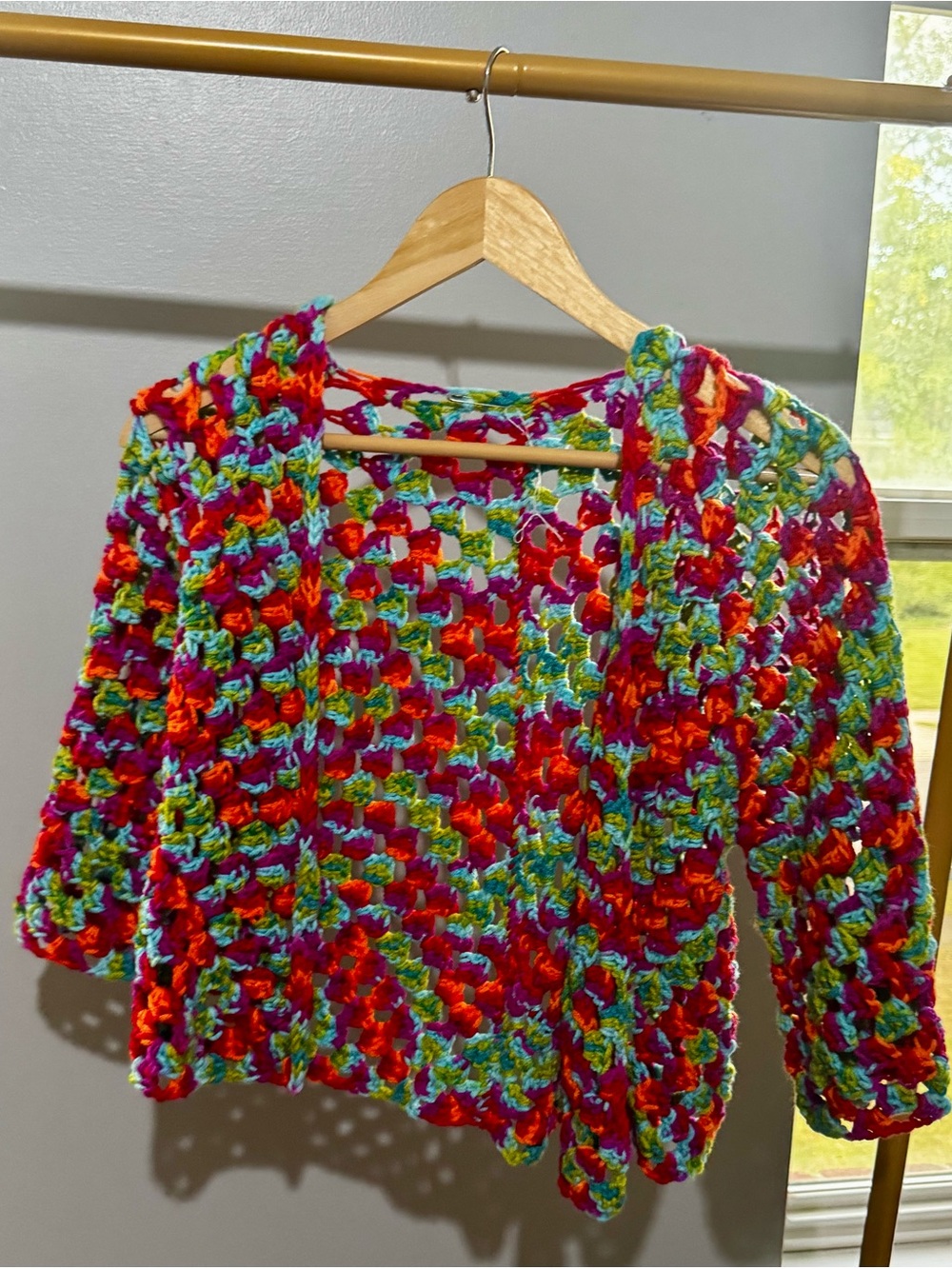 Bright Handmade Knit Multicolor Crochet Open-Weave Women's Sweater